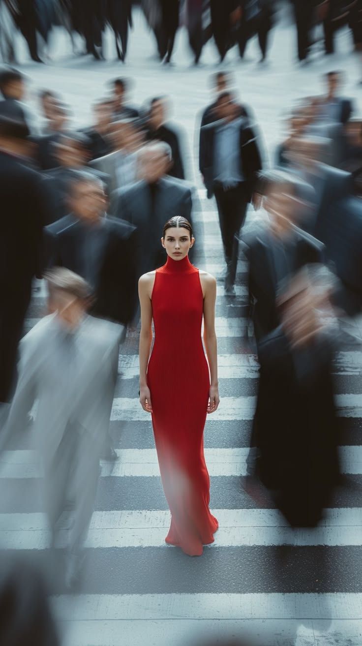 Woman in red standing still as a city crowd moves around her