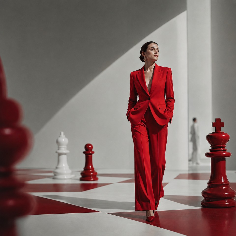 Woman in a red suit walking through an oversized chess setting