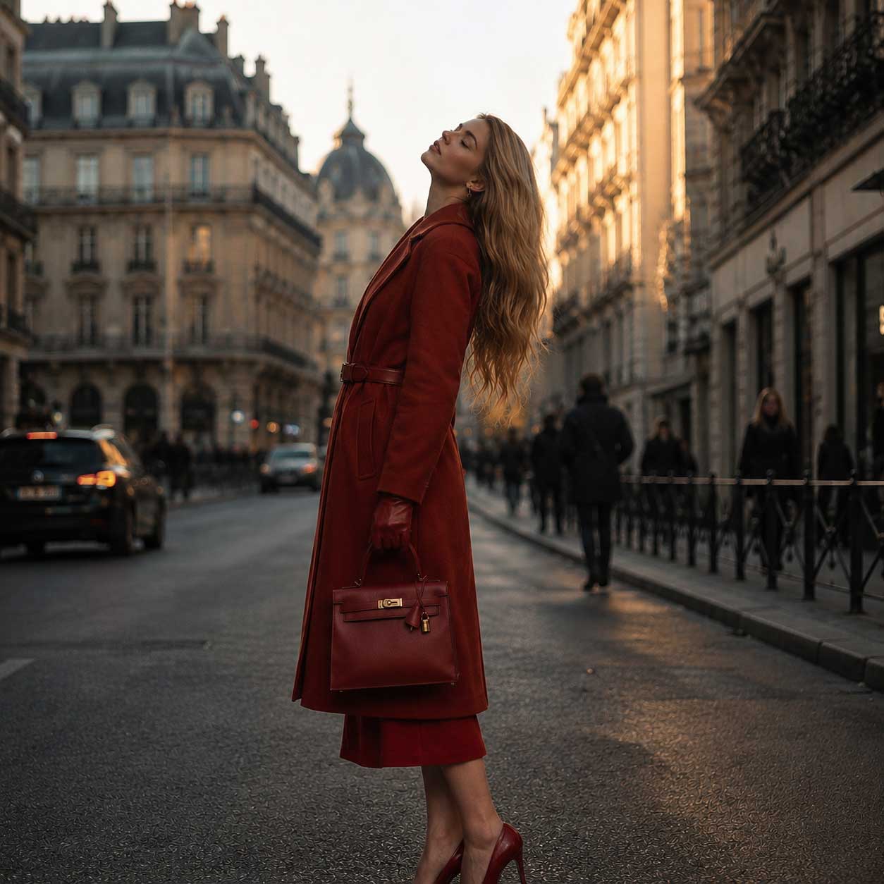 Woman in red pausing on a city street at the end of the day